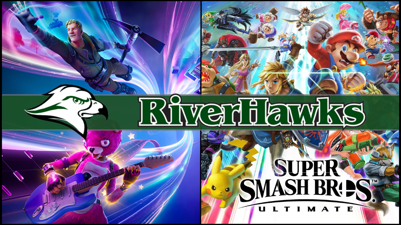 Riverhawks logos over Fortnite and Smash Bros art.